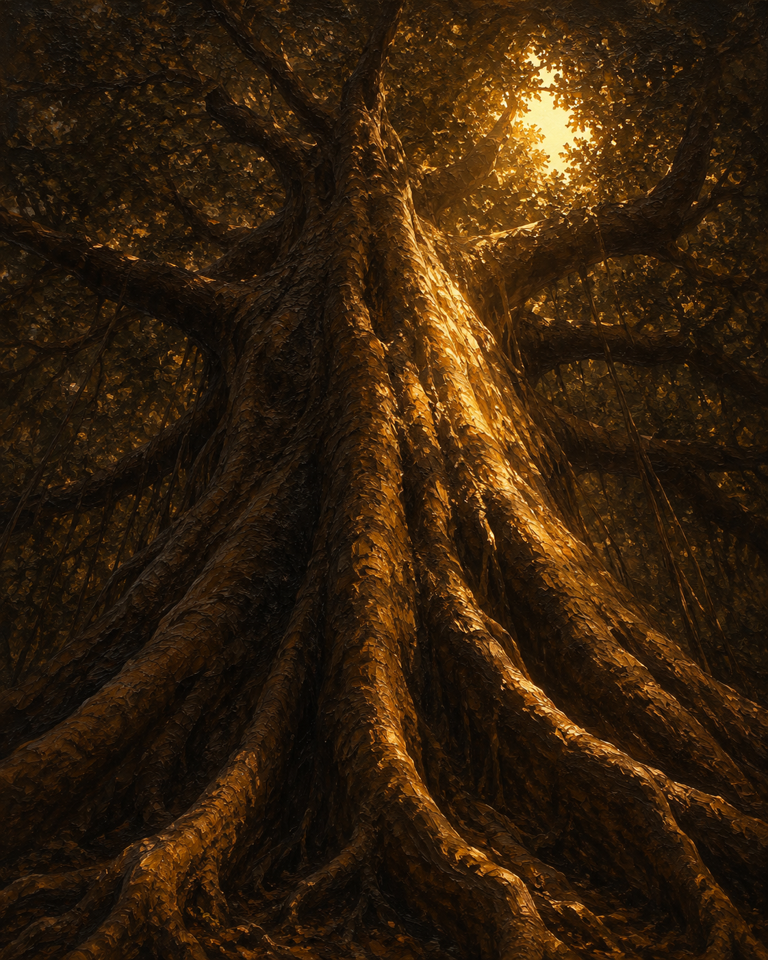 Heartwood — a banyan seen from below, sun through the canopy