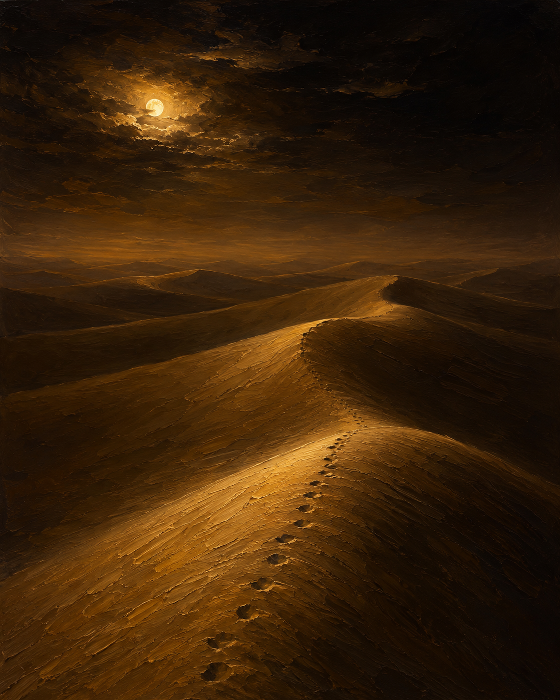 The Crossing — footprints along a moonlit dune ridge