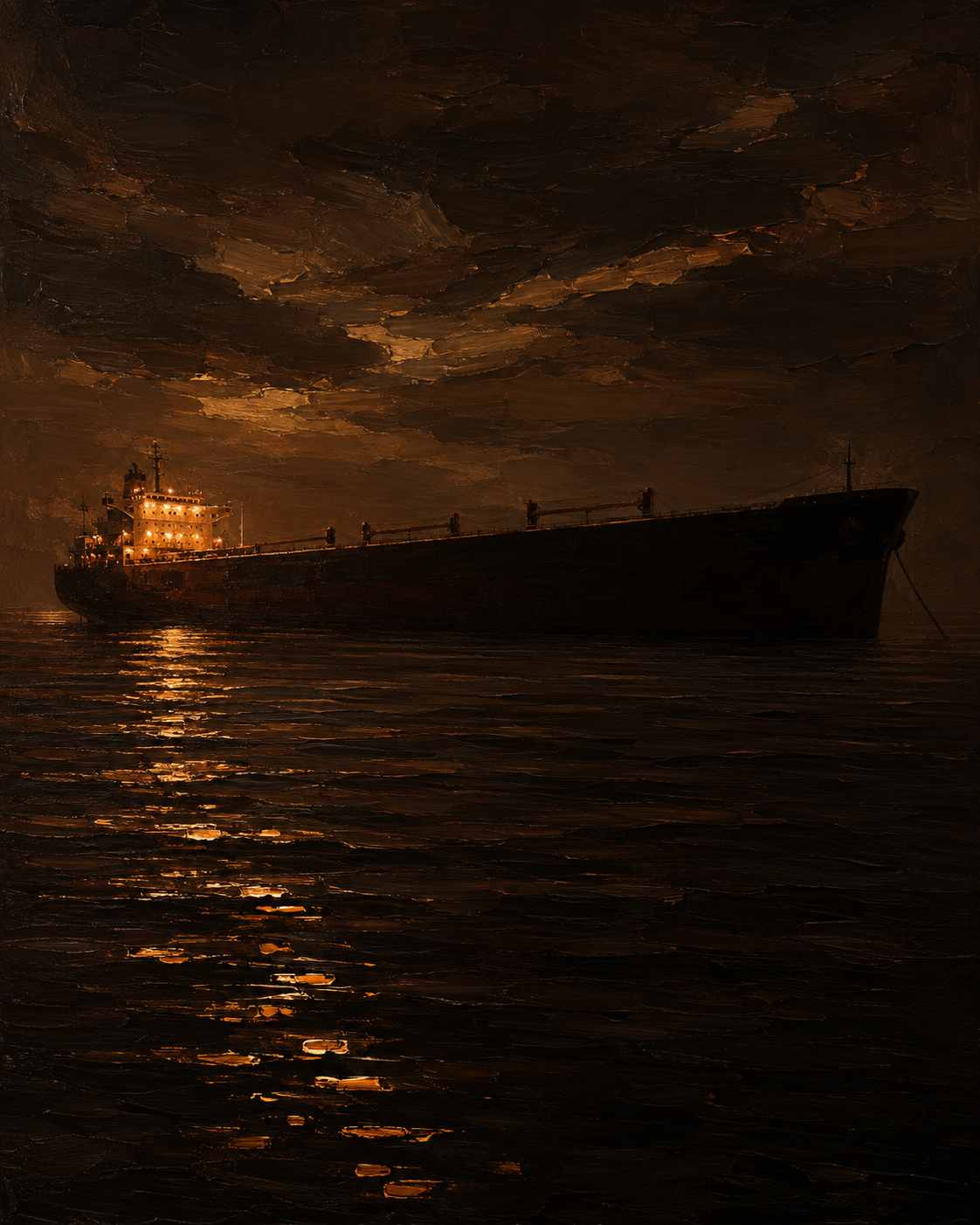 Anchorage — a ship at anchor, lit windows on black water