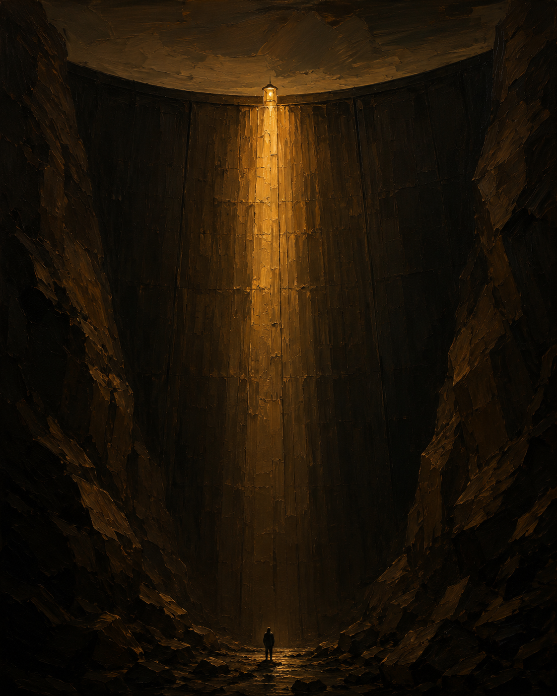 The Wall — one lamp on a vast wall, a single figure below