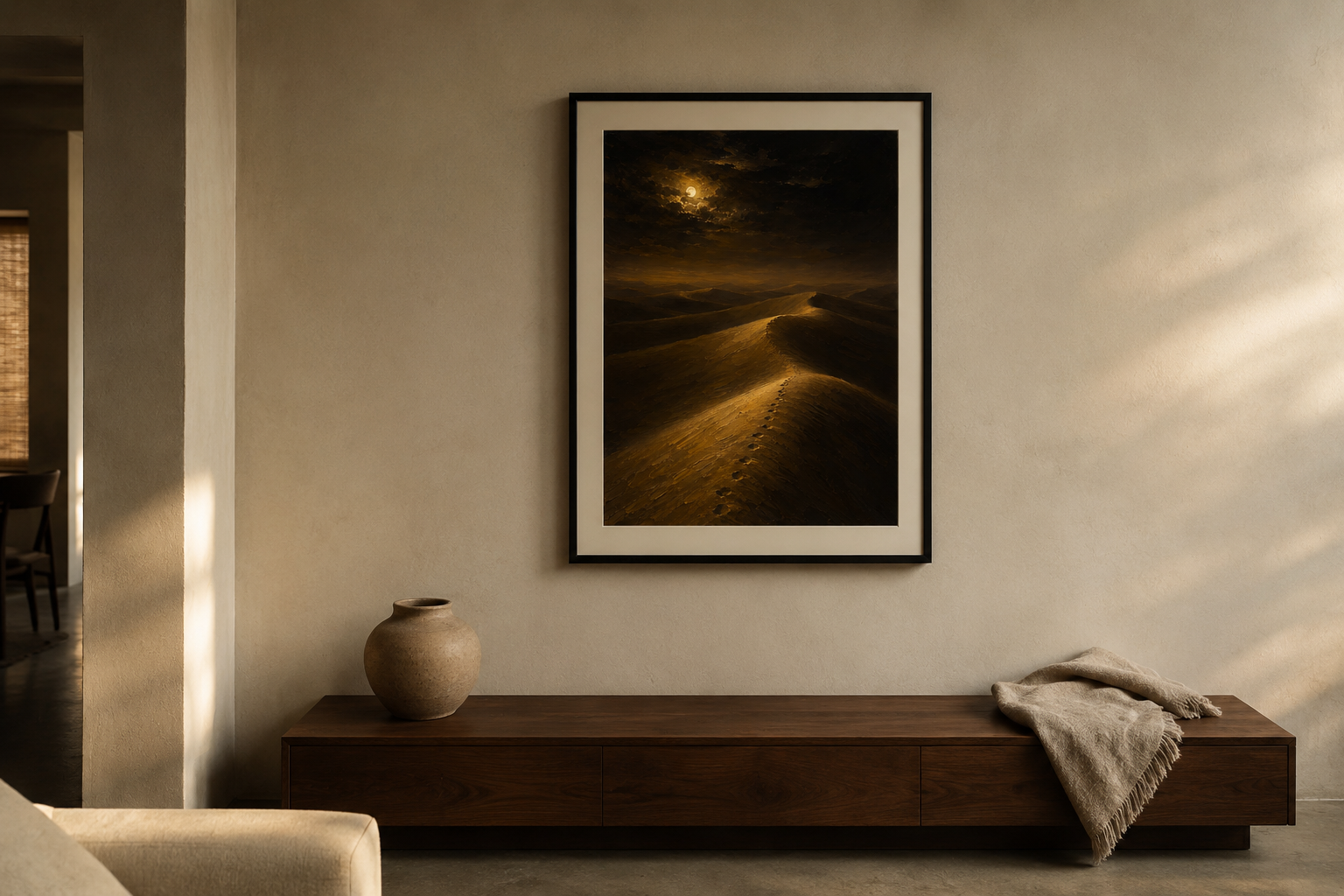 The Crossing, framed in thin matte black, hanging in a contemporary living room